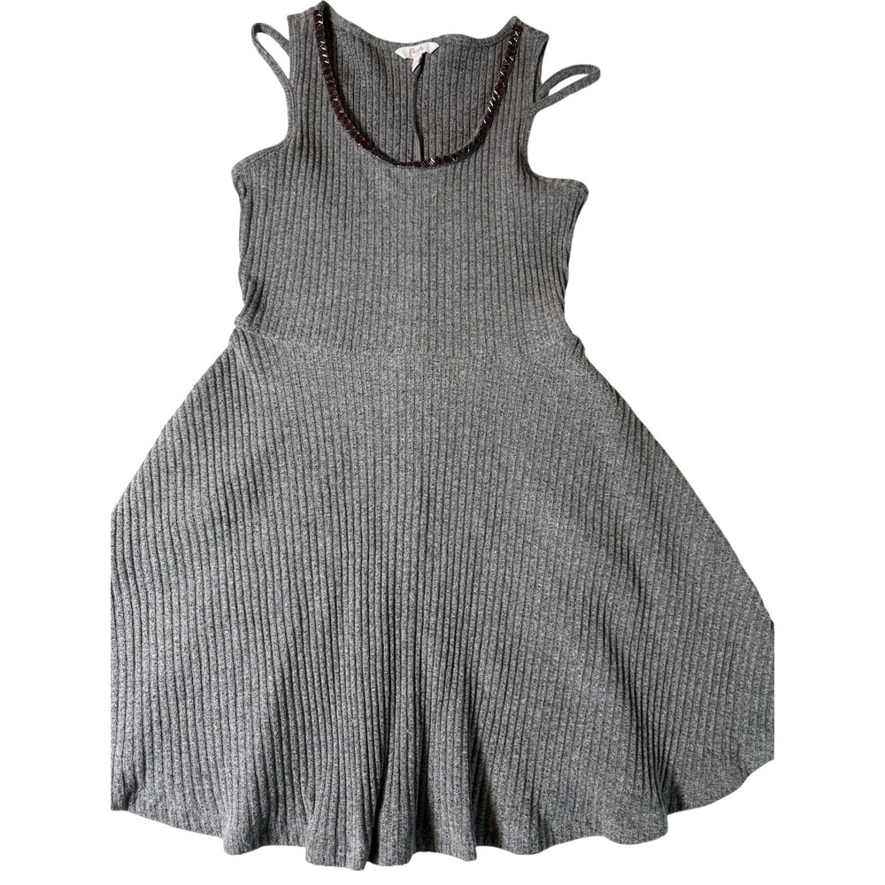 Candie's Gray Ribbed Knit Skater Dress Open Shoulder Women's M